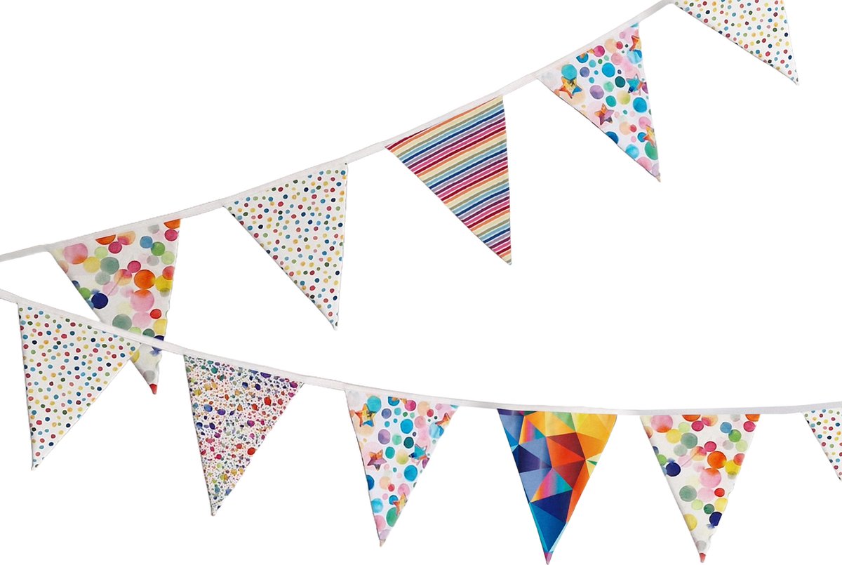 Vlaggenlijn van stof | Splatter of colors - 5 meter / 18 vlaggetjes - Slinger met gekleurde driehoek vlaggetjes - Verjaardag versiering / Feest decoratie - Stoffen slingers handgemaakt & duurzaam