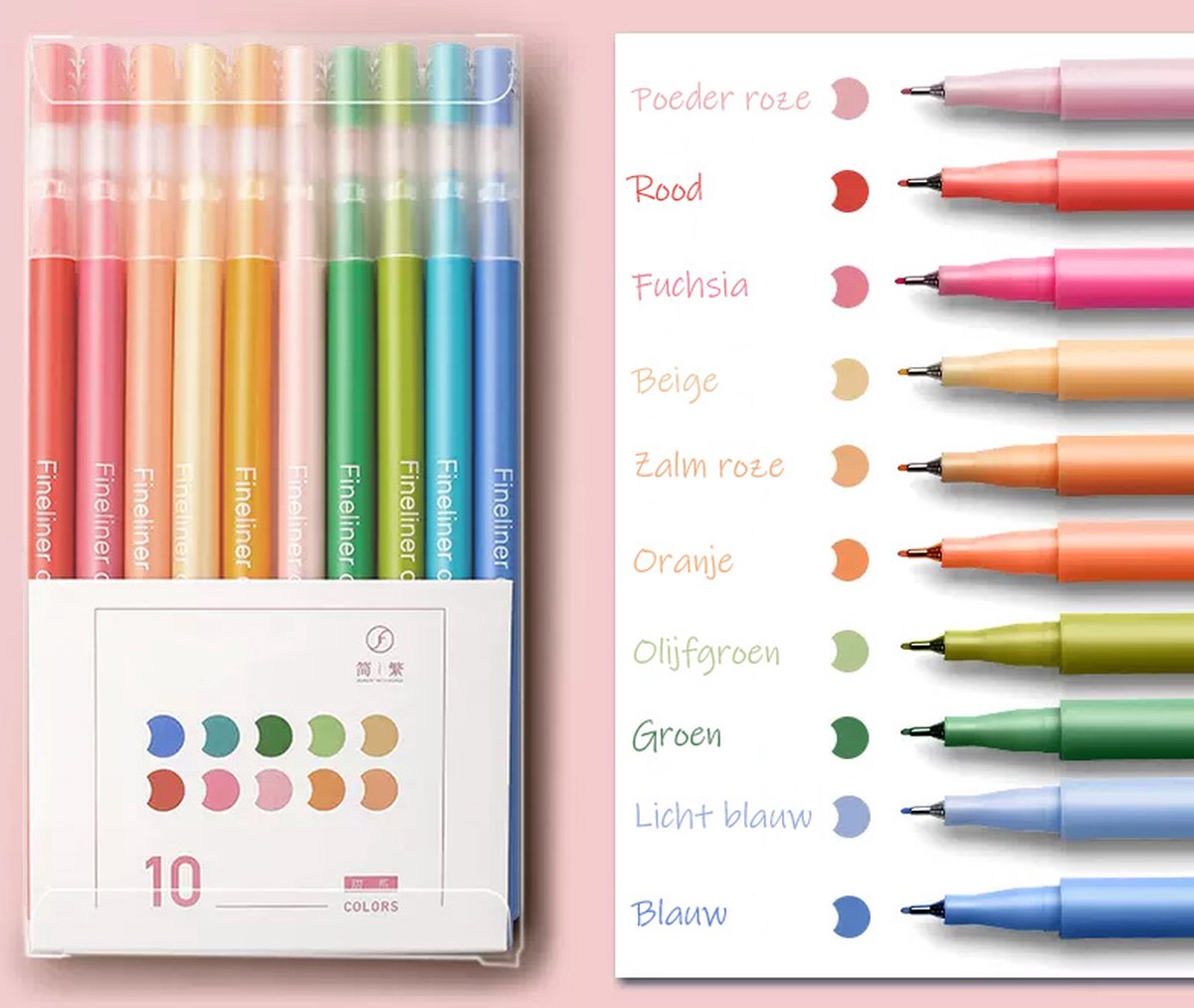 Ainy - Fineliners set van 10 kleur fineliner / viltstiften | fine liner manga / anime tekenen | bullet journal stiften | handlettering markers | Pigment liner | calligraphy pennen — afbeelding 2