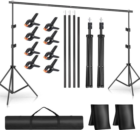 2,1 x 3 m fotoachtergrondstandaard, verstelbaar metalen achtergrondsysteem met 8 bodemclips, 2 zandzakken, 1 draagtas, voor fotostudio, portret, productfotografie, bruiloften , HMTM-FX21X3