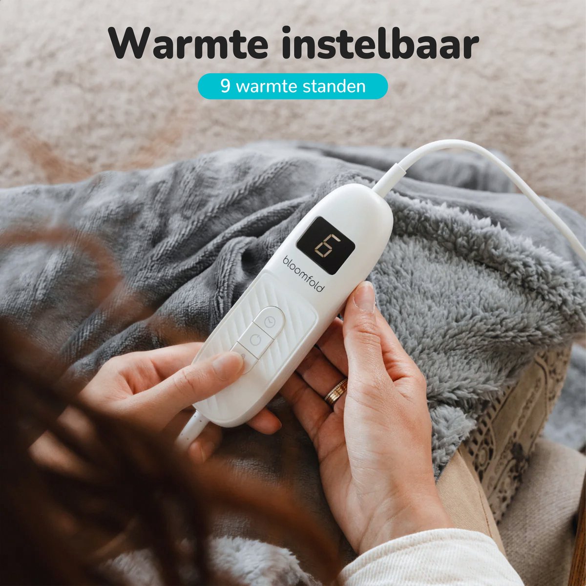Bloomfold Elektrische Deken - 160 x 130 cm - Wasmachinebestendig - 1 Persoons - 9 Standen - Met Timer - Warmtedeken - Grijs/flannel – foto 4