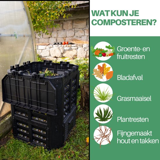 Zwarte compostbak met open deksel en illustraties van composteerbaar materiaal.