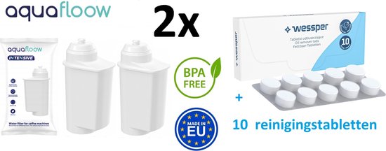 Universeel accusysteem van GARDENA en Bosch 7 2 X WATERFILTER AQUAFLOOW INTENSIEVE vervanging VOOR koffiemachine SIEMENS - BOSCH - NEFF - GAGGENAU + extra Tabletten voor het reinigen en ontvetten van de koffiemachine - 10 x 2g - universele reinigingstabletten