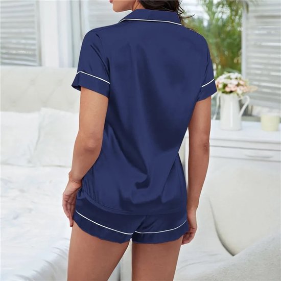Pyjama en satin pour femme avec poche poitrine I Vêtements de nuit Sous-vêtements sexy I Haut et Shorts 2 pièces I Haut et pantalon I Blauw I Taille L