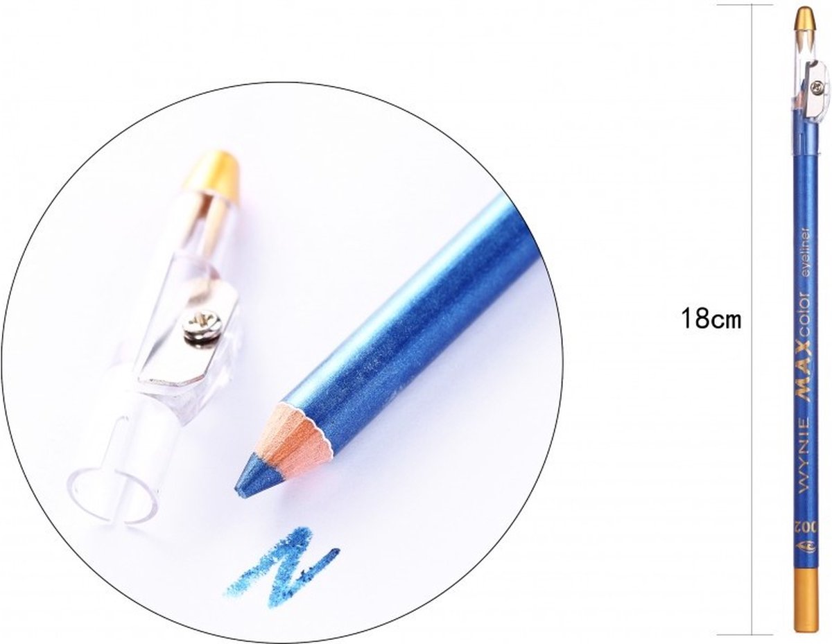 Goedkoopste Wynie - Extra Lang Oogpotlood met puntenslijper - MAX color eyeliner pencil - Kobalt blauw metallic - 002 - 1 stuks