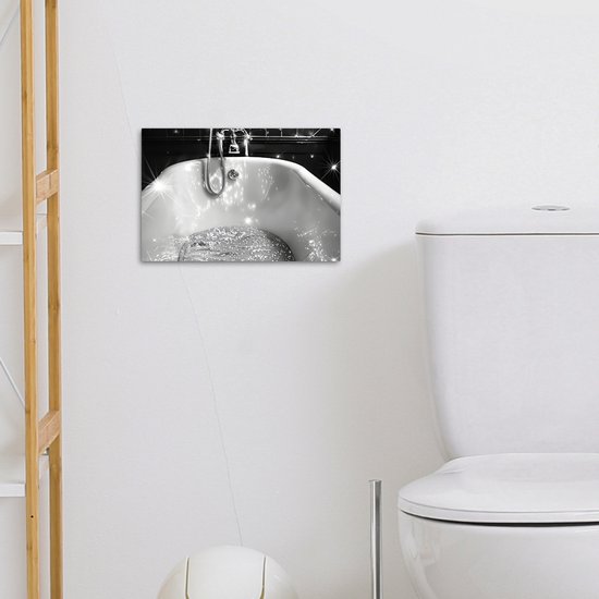 Canvas schilderij 30x20 cm - Wanddecoratie badkamer Badkuip - Glitters - Zwart wit - Badkamer - Muurdecoratie WC - Decoratieve accessoires - Toilet muur decoratie - Schilderijen op canvas