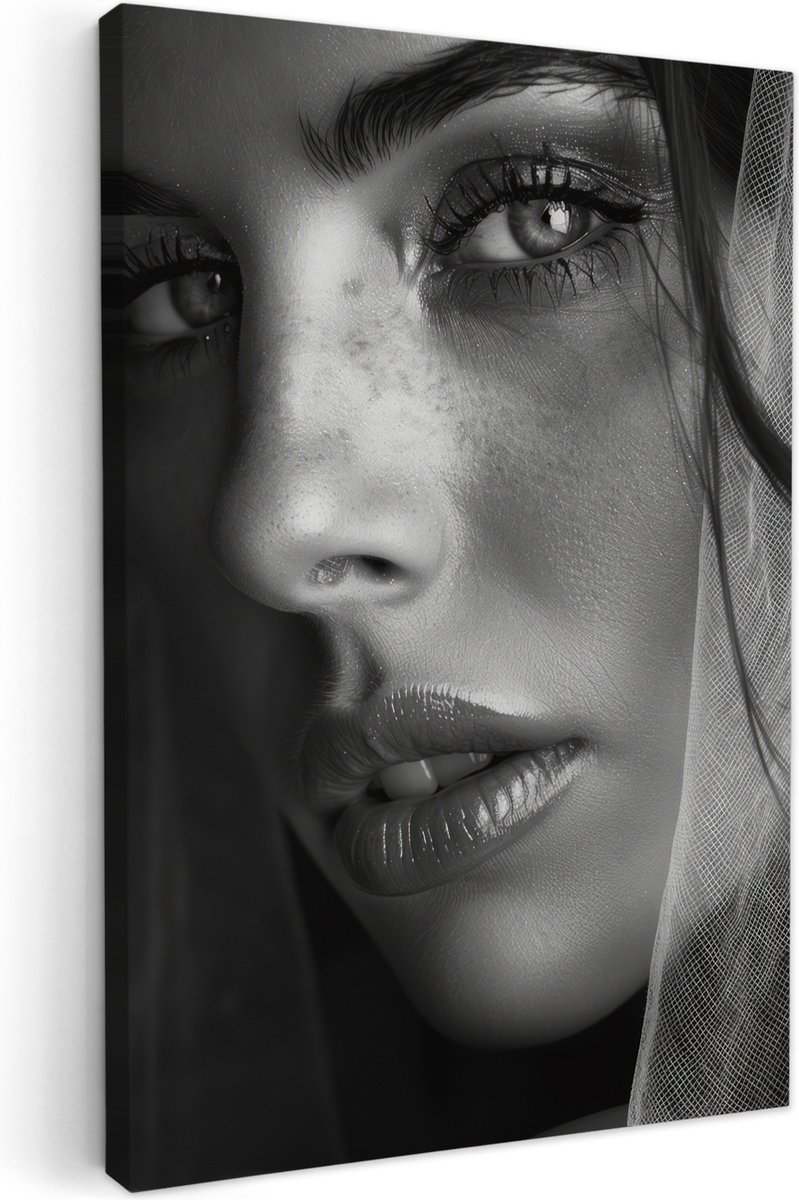 Canvas schilderij 40x60 cm - Wanddecoratie badkamer Vrouw - Portret - Zwart wit - Vintage