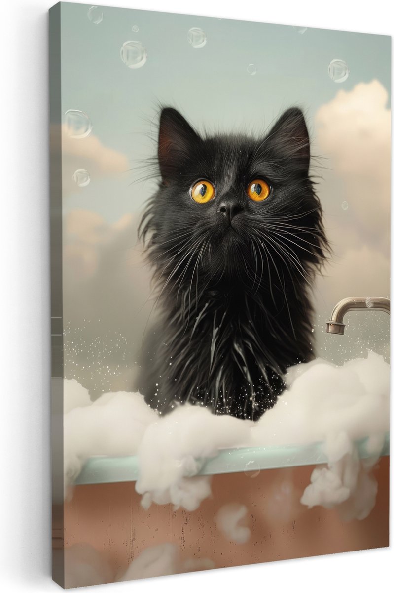 Canvas schilderij 40x60 cm - Wanddecoratie badkamer Kat - Bad - Zwart - Dieren - Schuim -