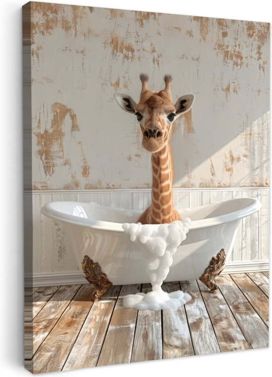 Tableau toile 30x40 cm - Décoration murale salle de bain Girafe - Baignoire - Vintage - Animaux - Décoration murale WC - Accessoires décoratifs - Décoration murale Toilettes - Peintures sur toile