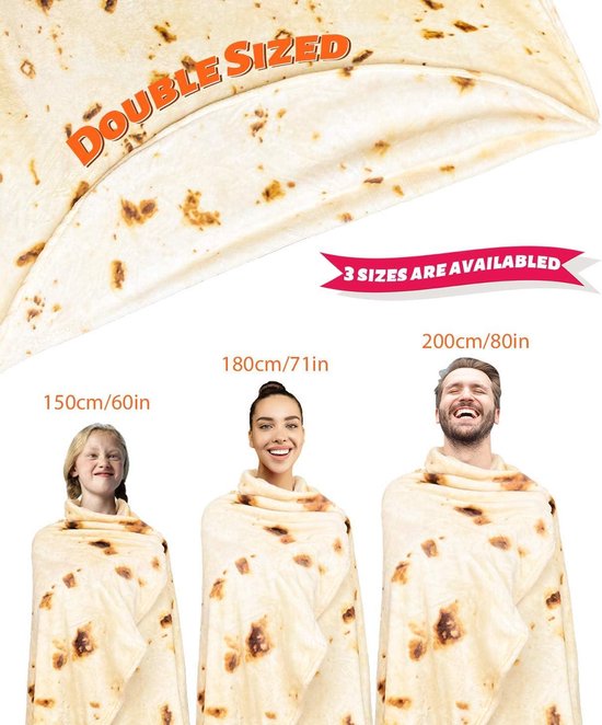 Global Tronics Coperta Burrito Tortilla 180cm Doppia Faccia, Gigante Rotonda Piadina Novità Taco Asciugamano Peluche Morbido Accogliente in Flanella Cibo Realistico Plaid Regali Creativi per Famiglia