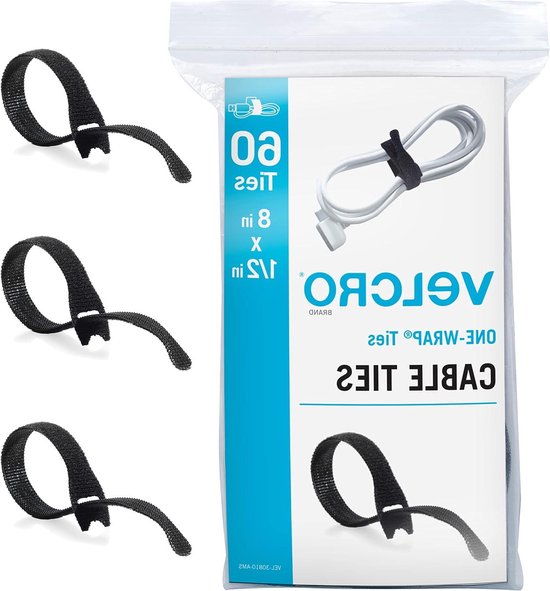Velcro Merk witte kabelbinders Heavy Duty | 60 stuks bulkverpakking | 8 x 1/2 inch één-wikkel riemen | Sterk herbruikbaar draadbeheer | snoerbundeling voor thuiskantoor en datacenters