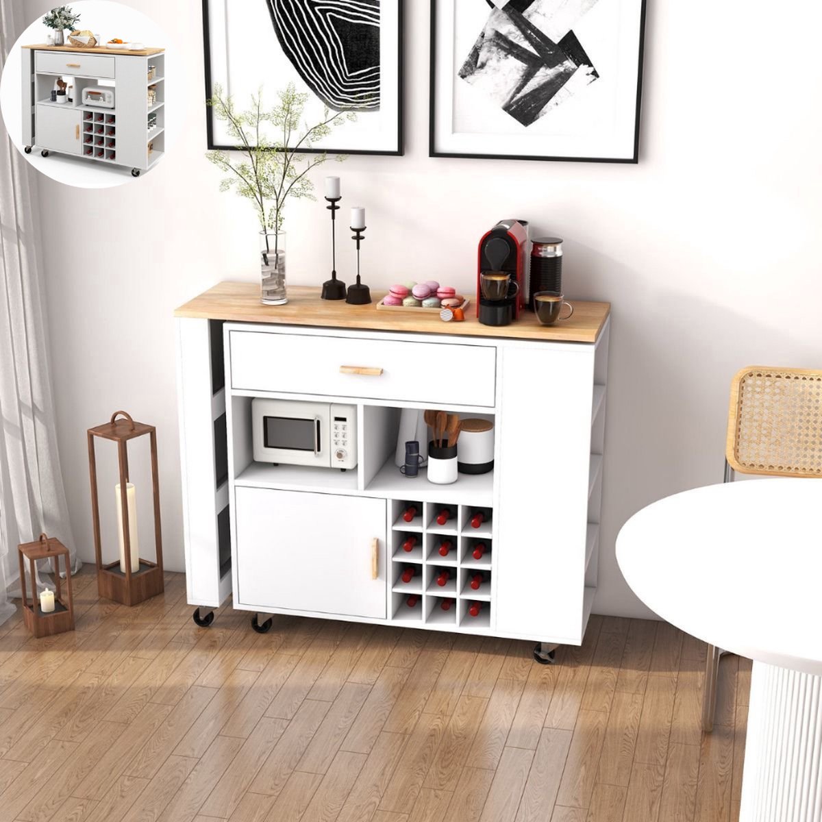 Bol.com Keukeneiland - Verplaatsbaar - Keukenkast - Dressoir - Organizer - Kasten - Houten Werkblad - Lade - Wit aanbieding