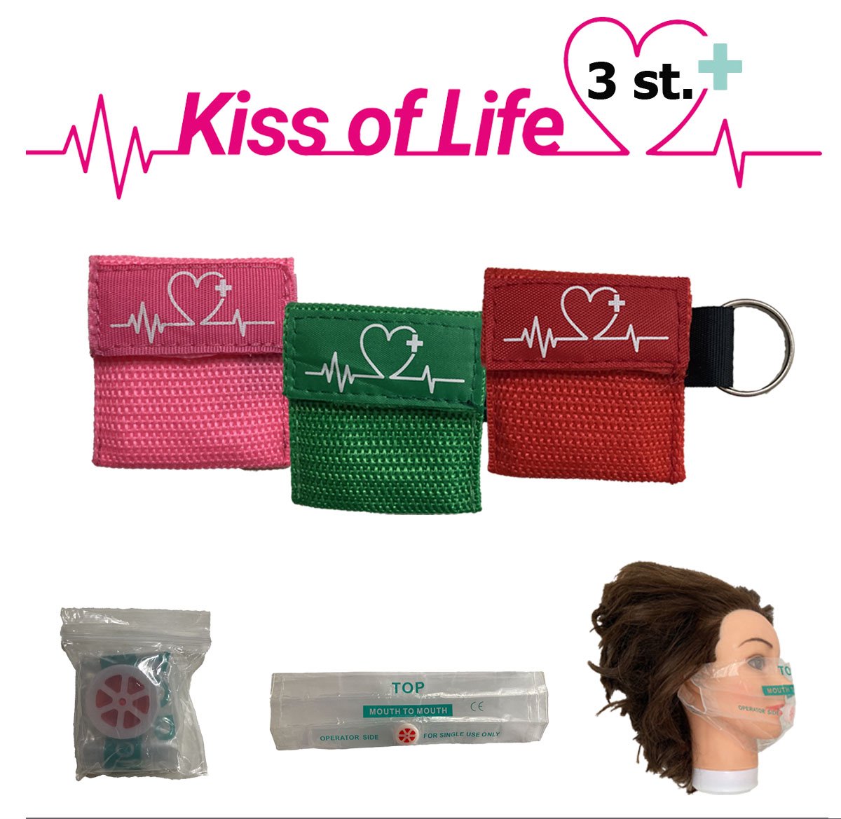Goedkoopste Reanimatiemasker | Kiss of Life | Reanimeren | Sleutelhanger met ring | Roze - Groen - Rood | 3 stuks