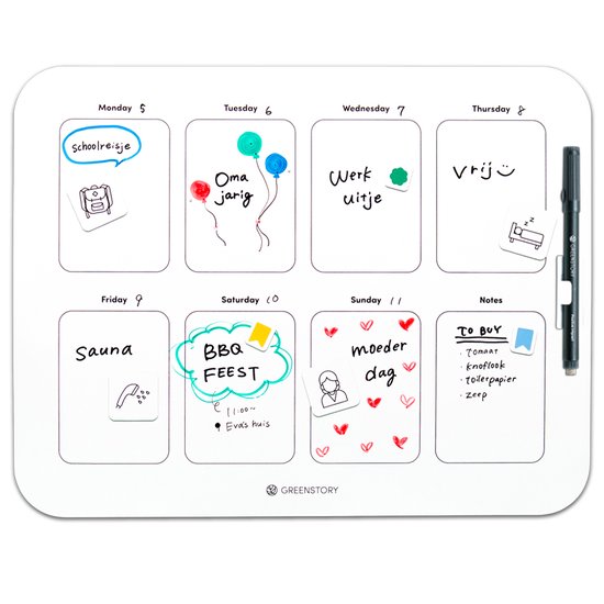 Gedetailleerde witte weekplanner met dagindeling, notities en tekeningen van ballonnen en huisjes.