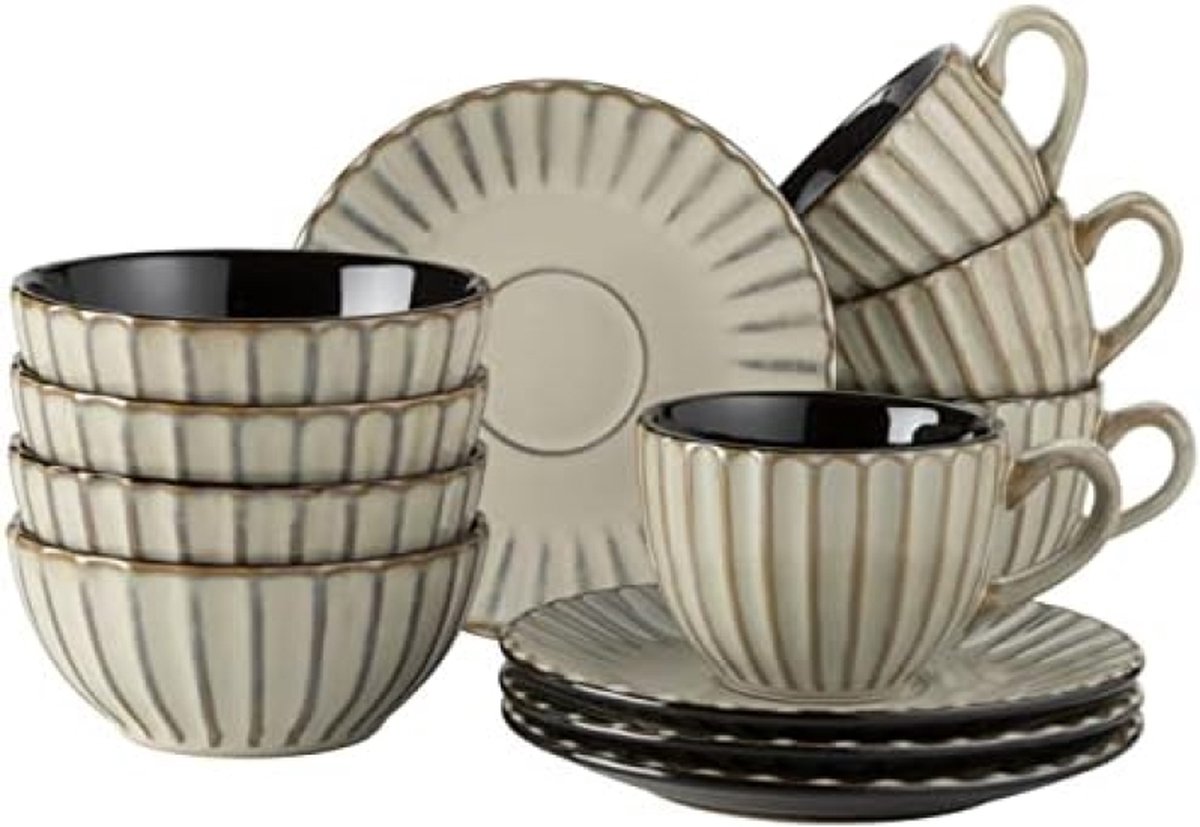 12-delige vintage aardewerk serviesset in beige en zwart