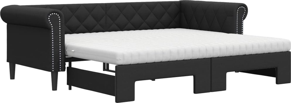 vidaXL Slaapbank - onderschuifbed - en - matrassen - 90x200 - cm - kunstleer - zwart