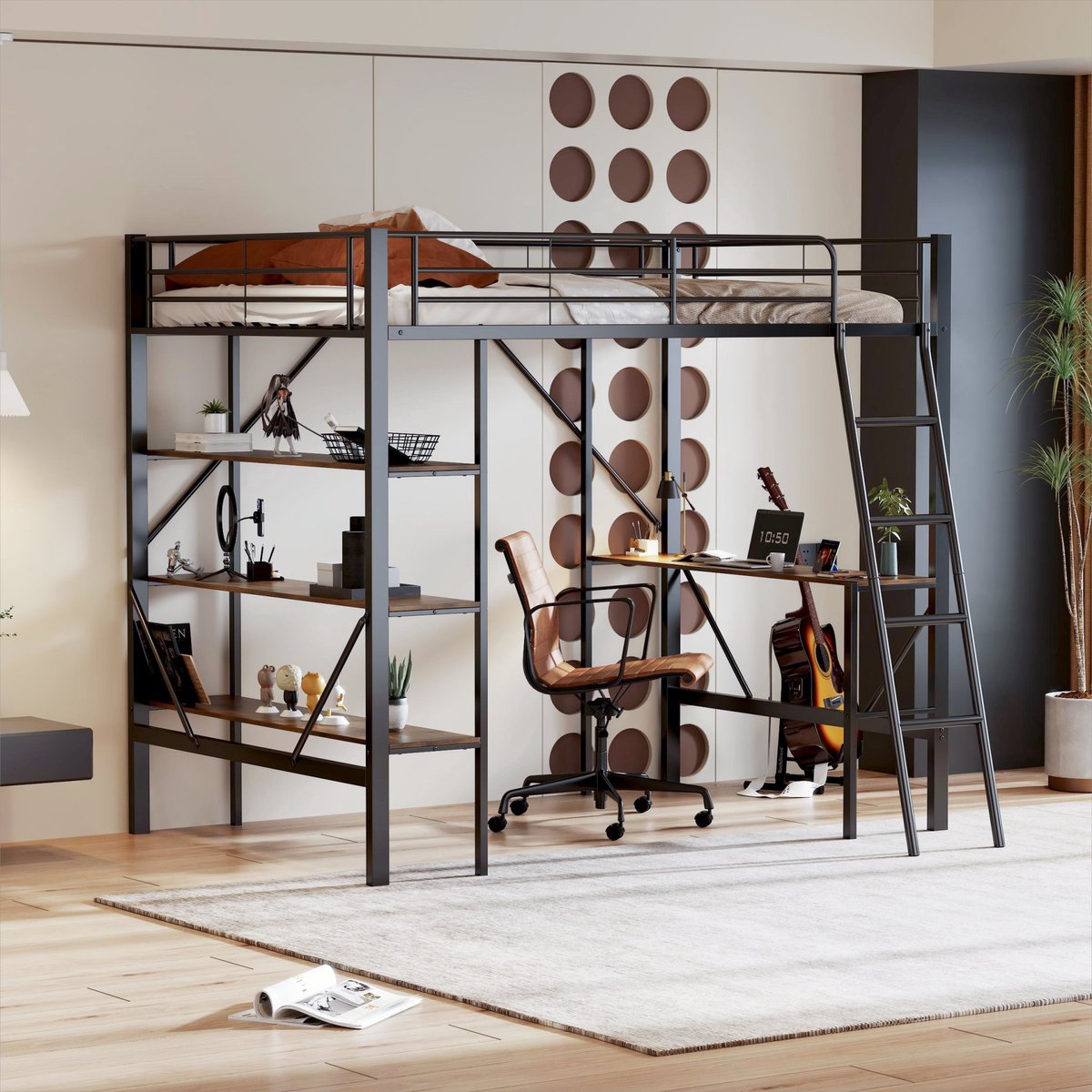 Sweiko 90x200cm Bed frame Metalen bed, Ijzeren bed, Loft bed met Bureau en 3 Grote planken voor Kinderen, Tieners en Volwassenen, Zwart