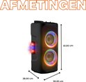 Zwarte party speaker met dubbele woofers, RGB lichten, en afmetingen: 61x28x30.2 cm.