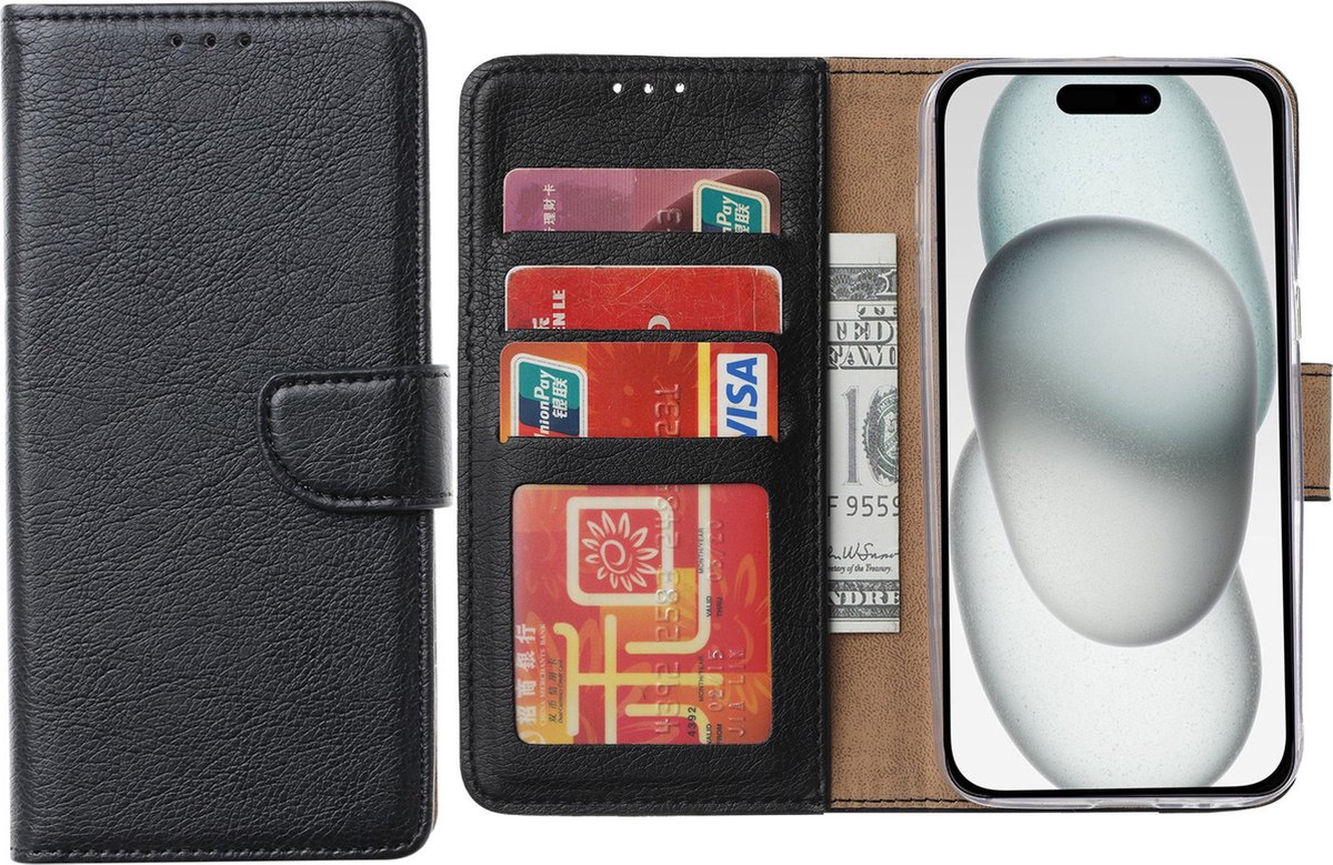 Hoesje Geschikt voor iPhone 15 – Arara bookcase met pasjeshouder- Zwart