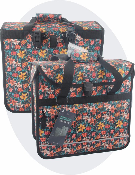 Foto: Voltano enkele shopper fietstas 17 liter floral fiesta zwart met kleurrijke bloemen waterdicht luxe universele bevestiging