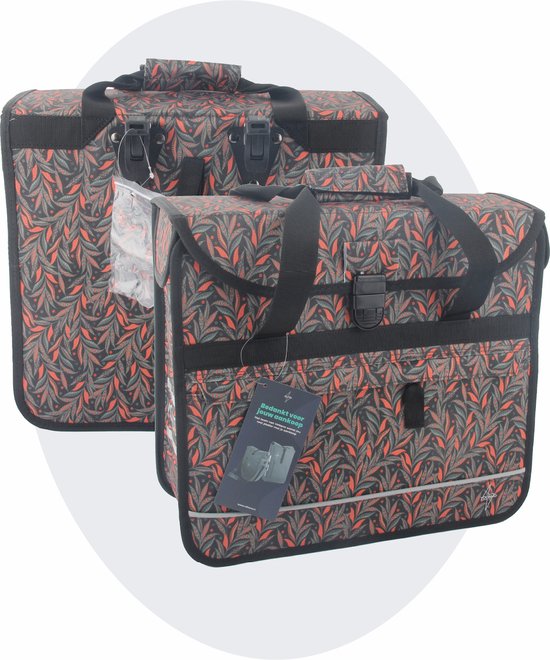 Foto: Voltano enkele shopper fietstas 17 liter crimson leaf zwart met grijze bloemen waterdicht luxe universele bevestiging