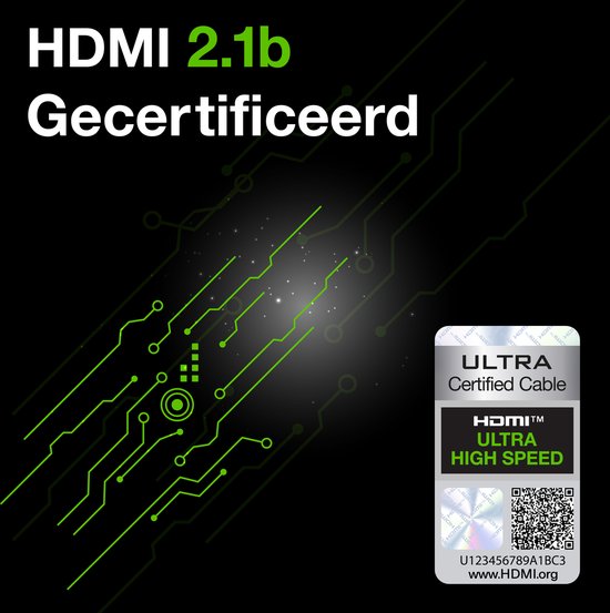 HDMI 2.1b Gecertificeerd met "ULTRA Certified Cable" keurmerk en QR-code.