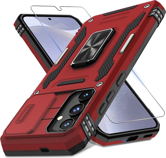 Arara Coque arrière pour Samsung Galaxy S24 Plus- Avec anneau de support rotatif et protection d'appareil photo - avec film de protection d'écran en verre trempé - Rouge