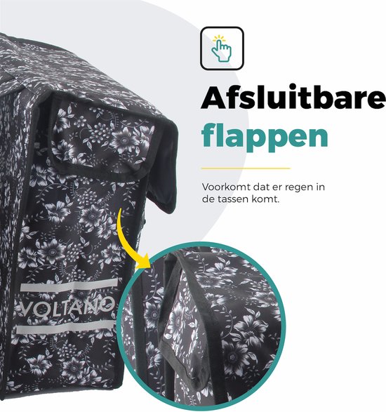 Voltano Dubbele Fietstas Floral Elegance - Zwart Met Witte Bloemen - 38 Liter - 100% Waterdicht Polyester - Vrolijke Fietstassen van Voltano — afbeelding 4