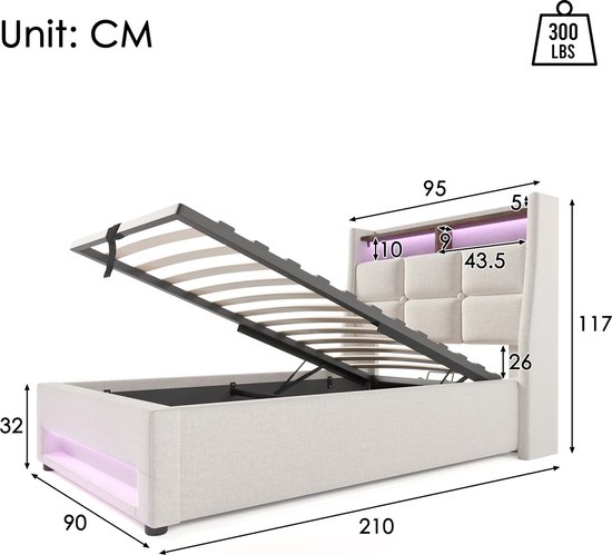 Gestoffeerd bed, eenpersoonsbed, 90 x 200 cm, led