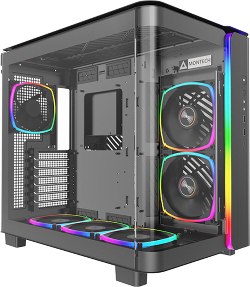 MONTECH, King 95 PRO Dual-Chamber ATX Mid-Tower PC-Gaming-Gehause, hoher Luftstrom, werkzeuglose Panels, stabile gebogene gehartete Glasfront, sechs ARGB PWM Lufter vorinstalliert mit Lufter-