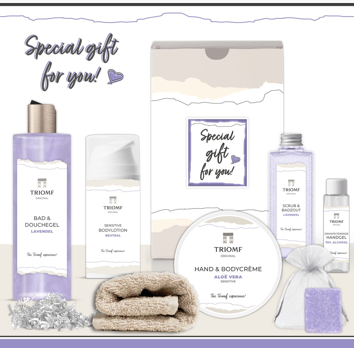 Goedkoopste Geschenkset “Special Gift for You!” - 7 producten - 850 gram | Triomf Original - Giftset Lavendel voor haar - Cadeau Speciaal voor jou - Luxe wellness cadeaubox Cadeaupakket Vrouw - Geschenk Gift Set Verjaardag Valentijn Moederdag Kerst Pakket Paars