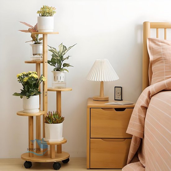 Yaheetech Houten bloemenrek, 6 niveaus, bloemenstandaard met wielen