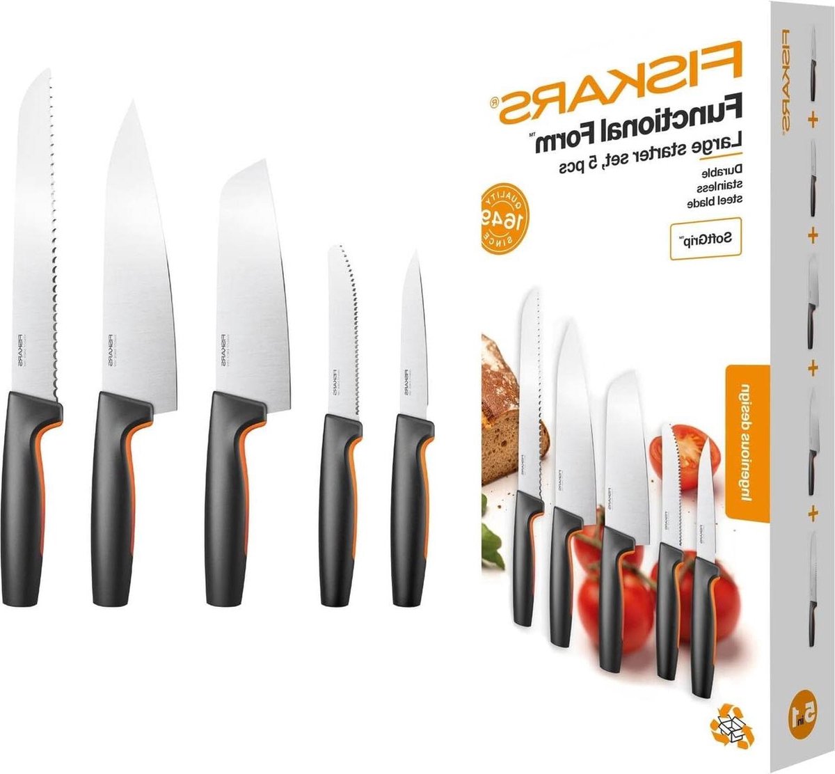 Functional Form 5-delige keukenmessen set koksmes groentemes tomatenmes santokumes broodmes Japans roestvrij staal kunststof 1057558