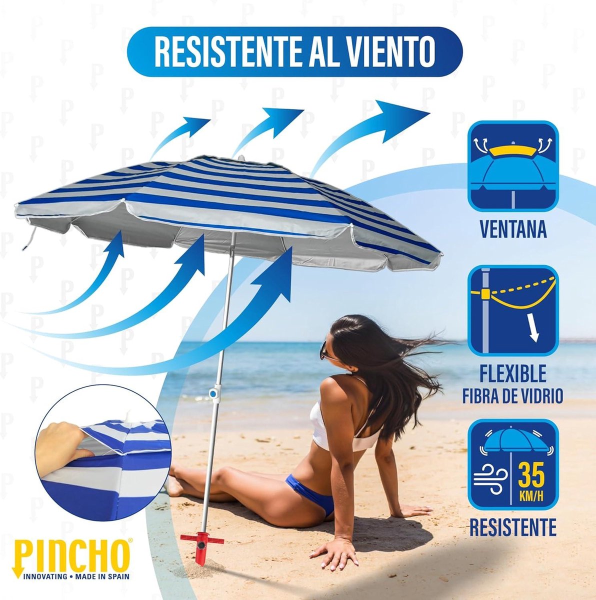 Aluminium strandparasol 180 cm met UPF+50 UV-bescherming, glasvezelstangen, lichtgewicht 15 kg, venster bovenaan.
