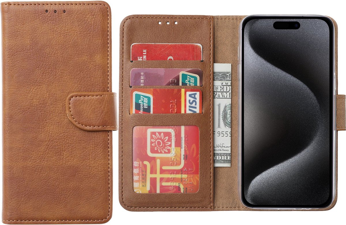 Hoesje Geschikt voor iPhone 15 Pro – Arara bookcase met pasjeshouder- Bruin
