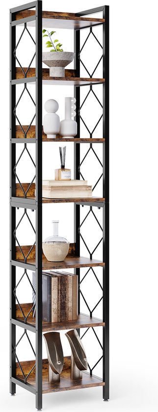 TRIBESIGNS Bibliothèque - Étagère à livres - Meuble d'angle - Meuble d'angle - 7 Étagères - 35x35x200cm - Zwart/ Vintage