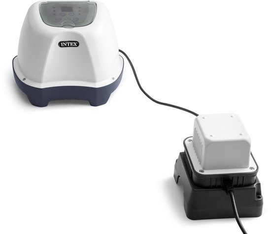 Wit Intex zoutwatersysteem met een grijze basis, verbonden via een kabel met een aparte module.