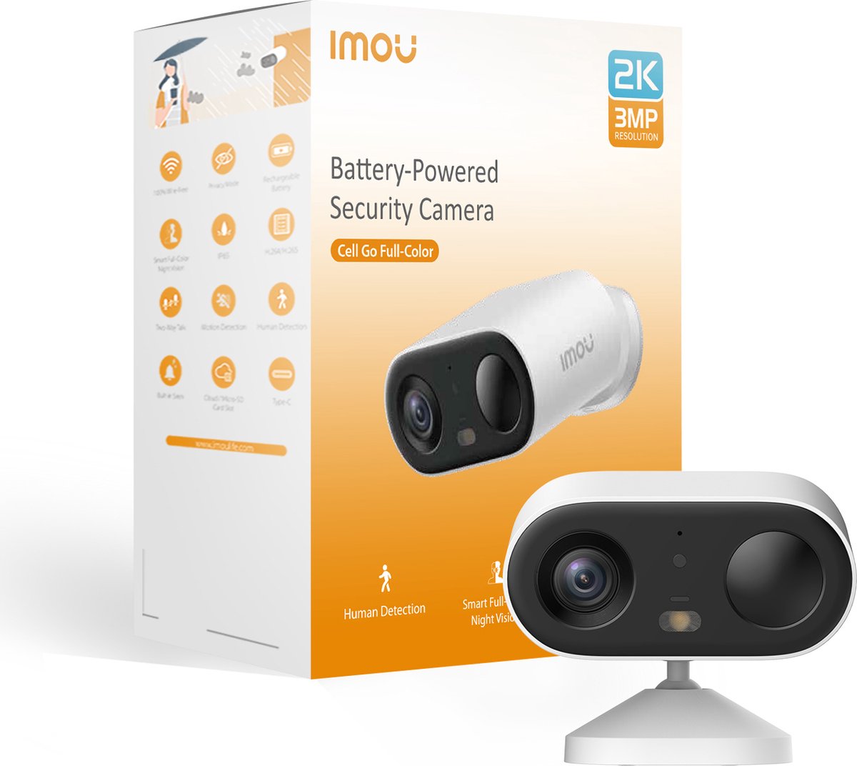 Imou Cell Go Full Color - Beveiligingscamera - 2K Draadloos Bewakingscamera Voor Buiten - 5000 mAH Accu - Eenvoudige Installatie - AI-Persoonsdetectie - Met Opslag - Smart Full Color Night Vision - IP65 Weerbestendig - Compatibel Met Zonnepaneel