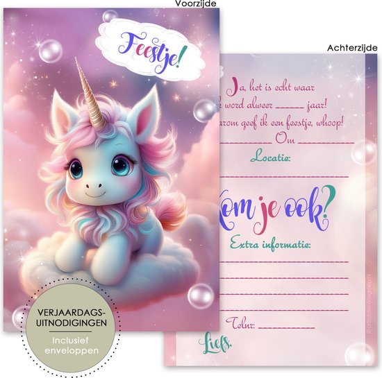 BCI036 - Verjaardagsuitnodigingen - uitnodiging kinderfeestje - uitnodigingen - kinderfeest uitnodigingen - kinderfeestje - uitnodigingen meisje - uitnodigingen eenhoorn - invulkaarten - Unicorn feestje - unicorn uitnodigingen - invuluitnodigingen