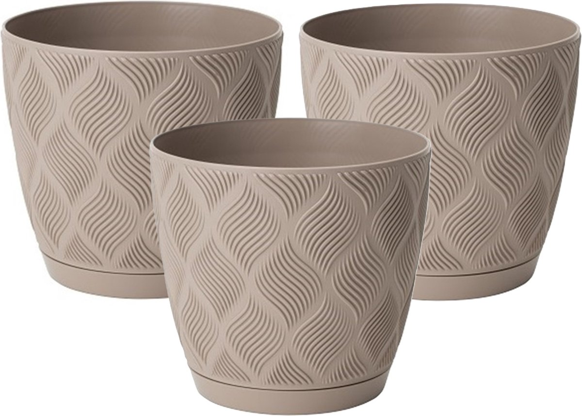 Form Plastic Plantenpot/bloempot New Age - 3x - kunststof - beige - D15 x H14 cm - met opvang schotel - rond