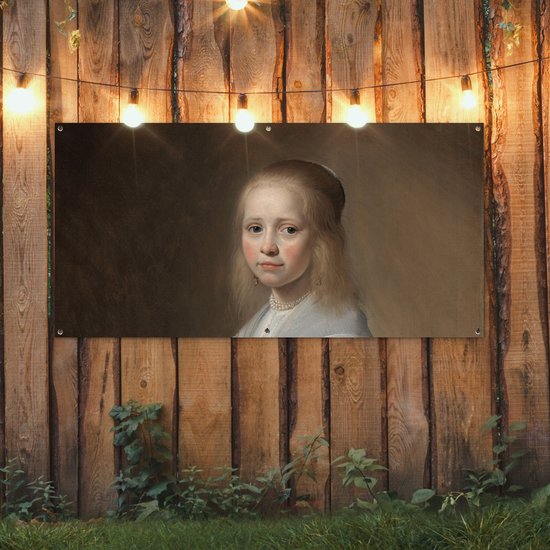 Décoration murale à l'extérieur d'une fille en bleu - Peinture de Johannes Cornelisz. Verspronck - 160x80 cm - Toile de jardin