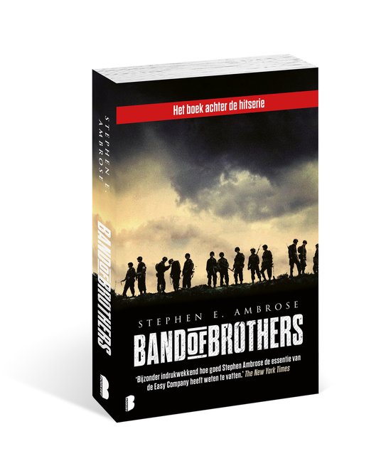 Boek 'Band of Brothers' in 3D op zwarte achtergrond. Een groep soldaten staat op een heuvel onder een donkere hemel.