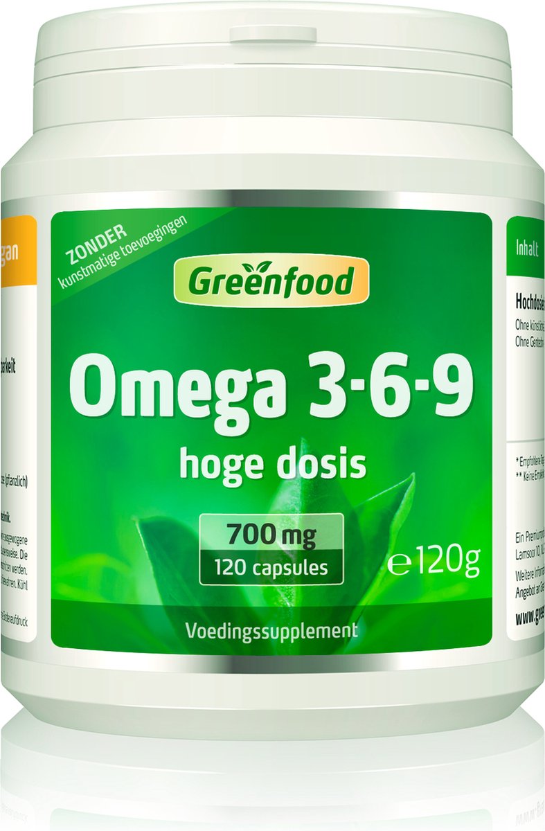 Goedkoopste Greenfood Omega 3-6-9, 700 mg, hoge dosering, 120 Capsules - rijk aan EPA, DHA. Zonder kunstmatige toevoegingen. Zonder genetische manipulatie.