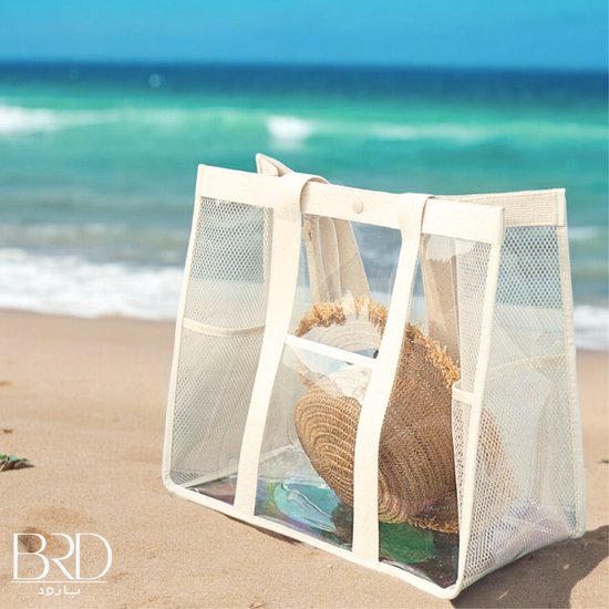 BRD® Plein air | Totebag / Sac de Plage Beige Transparent en PVC avec bouton poussoir | Sac de rangement pour jouets de sable, sac en maille pour dames transparent transparent