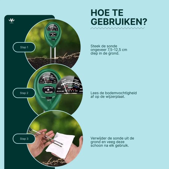Vestifex® Vochtmeter Voor Planten - 3 in 1 Vochtigheidsmeter - Watermeter Voor Kamerplanten - PH Meter - Plantenvoeding - Tuinartikelen - Voor Binnen & Buiten Planten