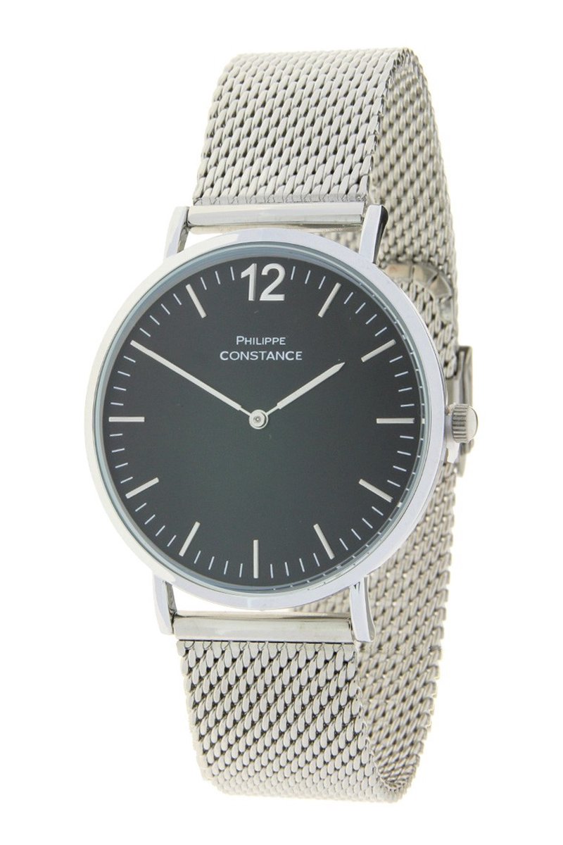 Horloge Big Chique Zilver Zwart - Philippe Constance - Inclusief Batterij - Volledig RVS - Dames - Nikkelvrij