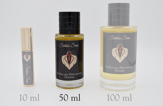Drie formaten "Seduis Sens Parfum aux Phéromones Homme" flacons: 10ml, 50ml en 100ml.
