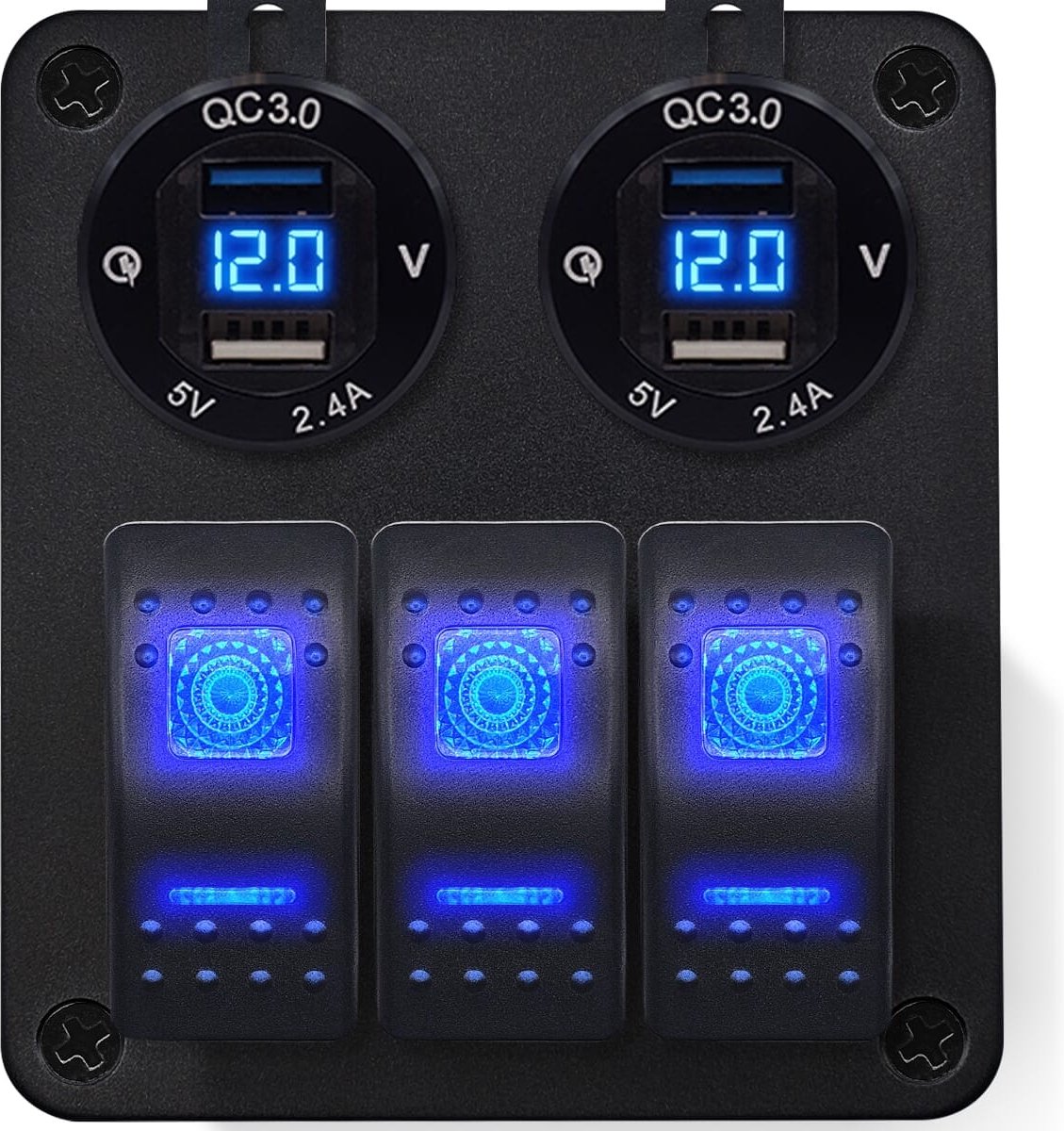 ProRide Schakelpaneel 12V voor Auto/Boot - USB Stopcontact 4 Poorten met Voltmeter - 5V/2.4A - DS2114B - 3 schakelaars - Blauw