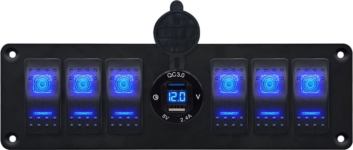 ProRide Schakelpaneel 12V voor Auto/Boot - USB Stopcontact 2 Poorten met Voltmeter - 5V/2.4A - DS2114B - 6 schakelaars - Blauw