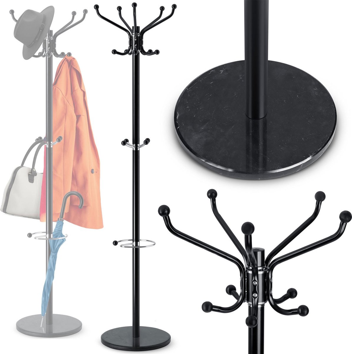 Massido 684100 - Staande kapstok - Marmeren voet - 14 haken - 360° draaibaar