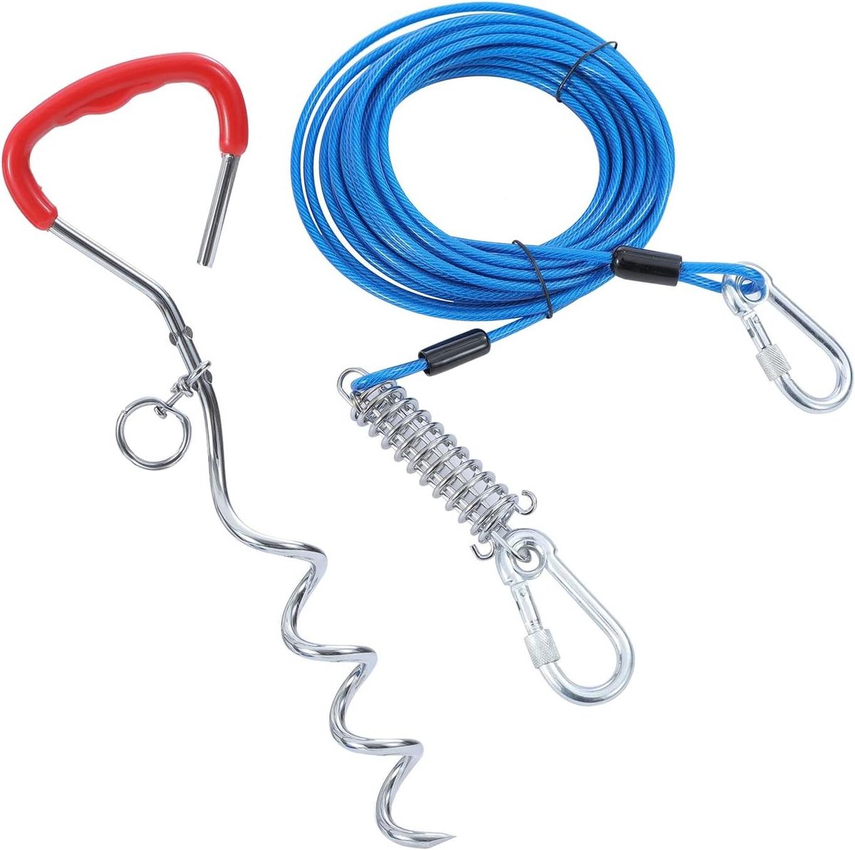 Goedkoopste Grondanker hond 10 meter lange hondenriem met schokabsorberende veer - 42 cm spiraalvormige grondpen paal - hondenketting voor tuin buiten camping - blauw rood Grondanker hond